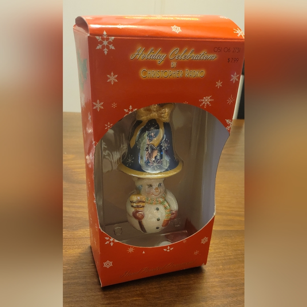 Vintage Holiday Celebration Christopher Radko Bell & Snowman Ceramic Ornament